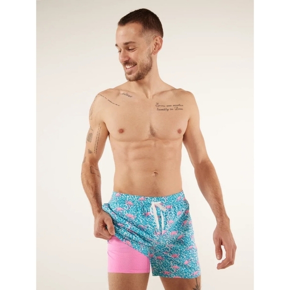 Chubbies Swim Trunks Mens Pink Blue Domingos Flamingos Boxer Shorts Liner - Picture 1 of 16